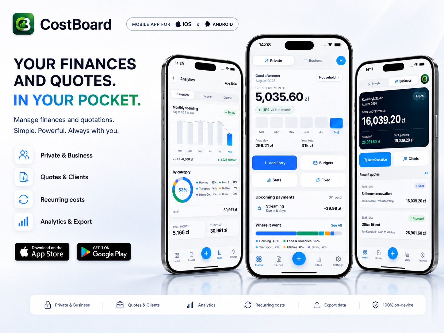 CostBoard na Androidzie z ekranami finansów prywatnych, analityki i wycen dla klientów.