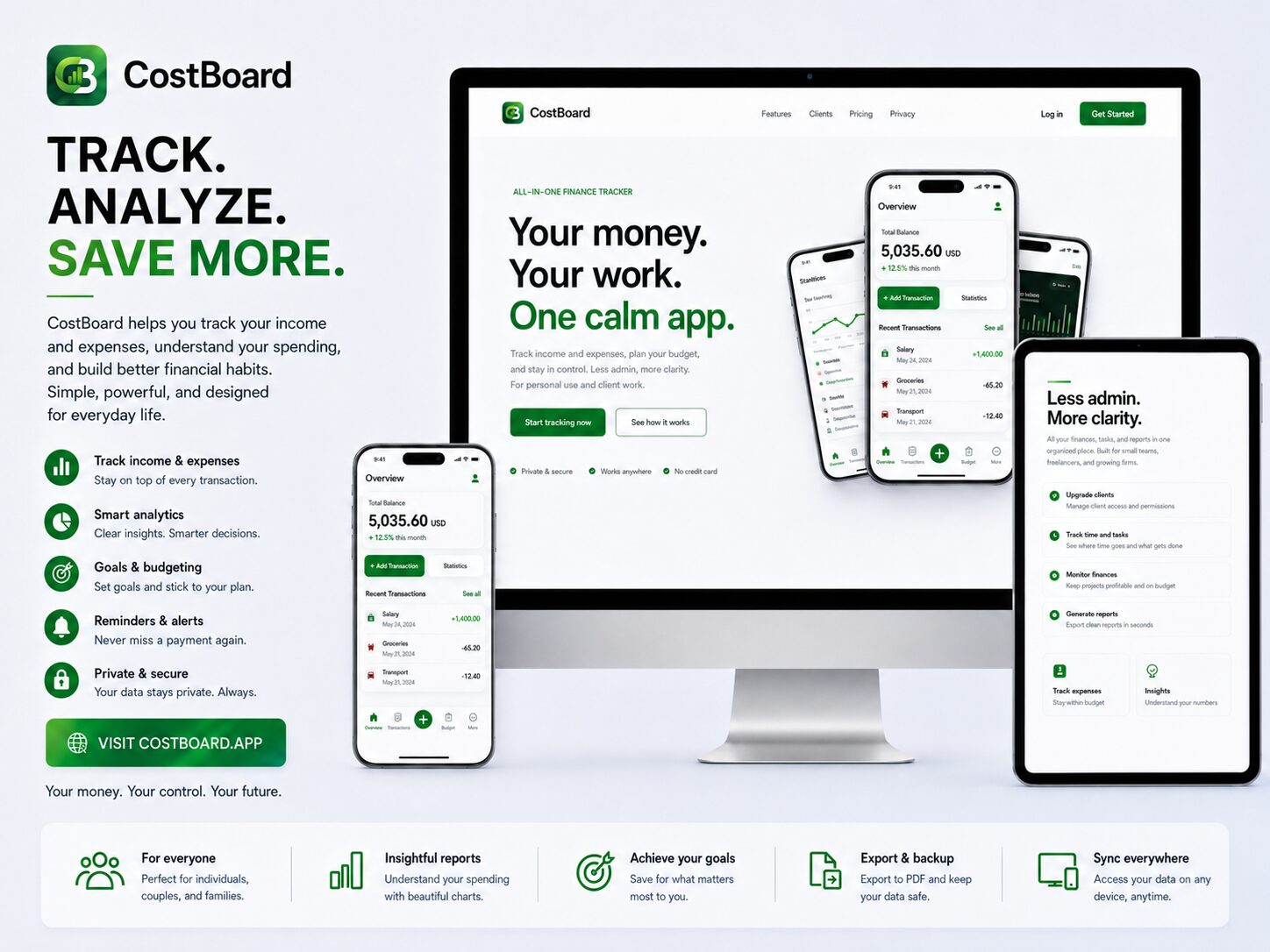 Oficjalna strona CostBoard prezentowana na monitorze, telefonie i tablecie.