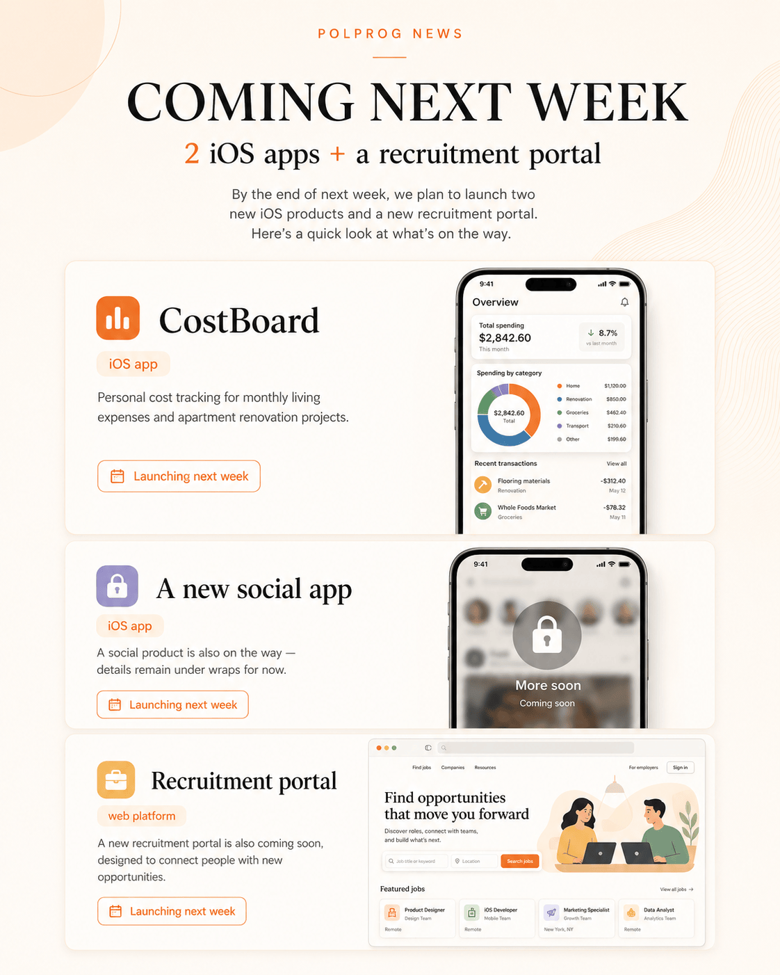Coming next week: two new iOS apps (CostBoard and a social app) and a recruitment portal